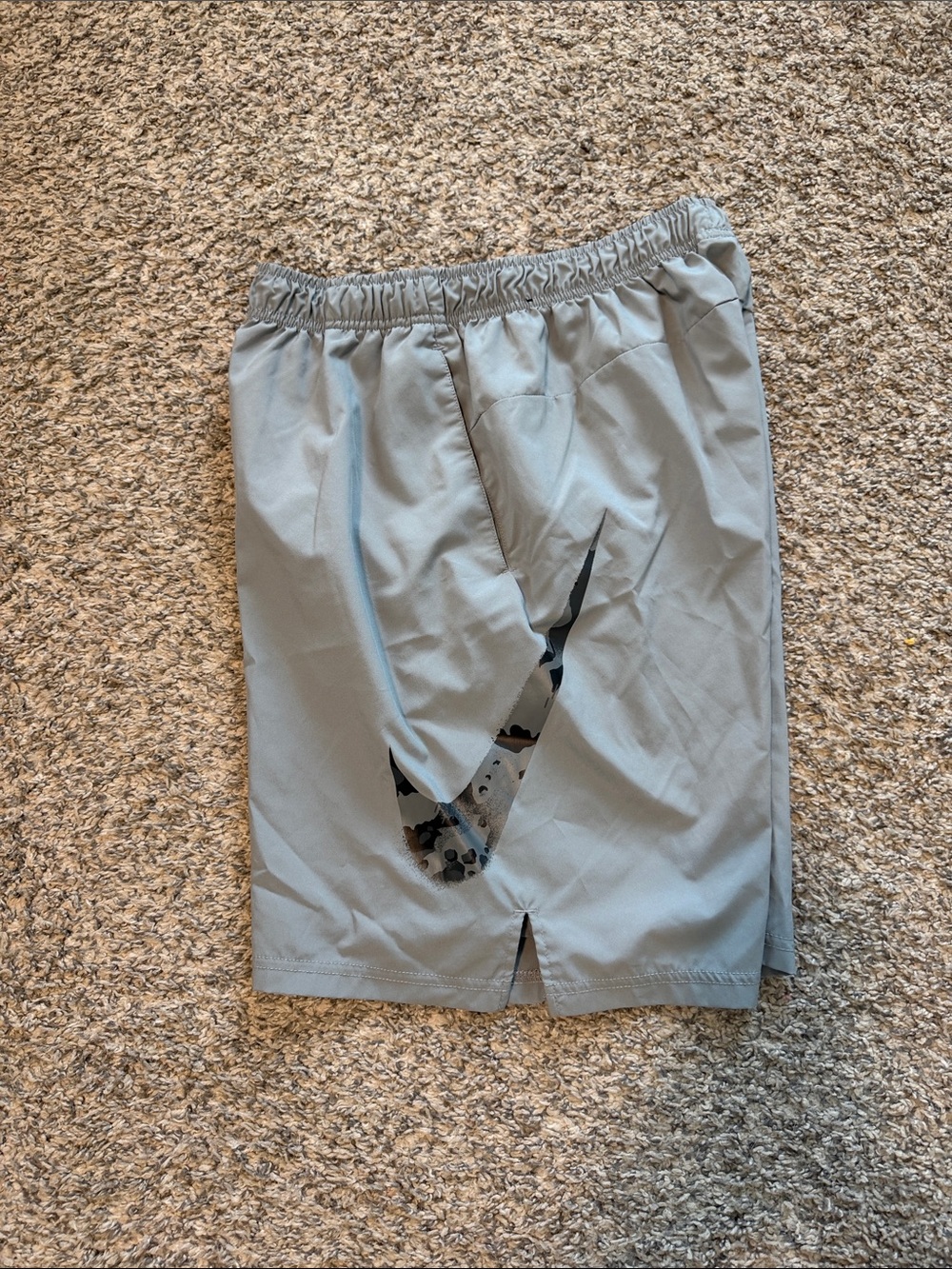 Nike Men's Light Gray Athletic Shorts with Oversized Swoosh